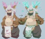  4_fingers anthro antlers arm_markings arm_tuft balls belly big_balls biped blue_eyes blue_horn blush bottomwear brown_body brown_eyes brown_fur cervid clothed clothing ear_piercing ear_ring fingers fluffy fluffy_hair flustered fur genitals grey_hair hair hands_on_hips horn kemono loincloth long_hair magic male mammal markings midriff monotone_hair moobs multicolored_body multicolored_fur navel nipples overweight overweight_anthro overweight_male pants piercing pink_horn portrait pupils scar scarf sequence si_ra_ta_ma3 simple_background slit_pupils solo standing surprise tan_body tan_fur tenting three-quarter_portrait topless transformation tuft weight_gain wrist_tuft 