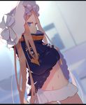  1girl abigail_williams_(fate/grand_order) abigail_williams_(swimsuit_foreigner)_(fate) bangs belt bikini black_jacket blonde_hair blue_eyes blush bonnet bow commentary_request fate/grand_order fate_(series) forehead hair_bow heroic_spirit_traveling_outfit highres jacket jacket_lift lifted_by_self long_hair long_sleeves looking_at_viewer navel parted_bangs pekeko_(pepekekeko) sleeves_past_wrists solo standing swimsuit swimsuit_under_clothes very_long_hair white_bikini white_bow white_headwear 