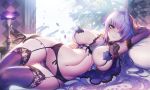  bed breasts elbow_gloves garter gloves green_eyes long_hair navel original purple_hair rodway stockings 