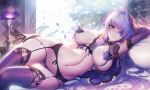  bed breasts elbow_gloves garter gloves green_eyes long_hair navel original purple_hair rodway stockings 