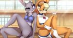  2020 anthro breasts clothing day detailed_background disney duo female fur grey_body grey_fur hi_res inside judy_hopps lagomorph leporid lola_bunny looking_at_another looney_tunes mammal rabbit shirt sitting smile text text_on_clothing text_on_shirt text_on_topwear topwear warner_brothers yellow_body yellow_fur zhadart zootopia 