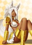  1girl animal_ear_fluff animal_ears armlet breasts brown_eyes checkered checkered_background cleavage convenient_leg dark_skin feet_out_of_frame gradient gradient_background greaves hair_over_one_eye knees_up looking_at_viewer midriff original ponytail sidelocks sitting smile solo tail tamoo-kurichala thighlet white_hair 