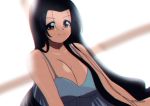  1girl absurdres akkasayu artist_name black_hair breasts brown_eyes commentary english_commentary from_below highres large_breasts long_hair looking_at_viewer original smile solo tank_top under_covers 