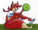  2020 anthro black_nose brian_reynolds canid canine clothed clothing dipstick_tail female footwear fox frisbee fur hair mammal midriff multicolored_tail patty_foxy pigtails red_body red_fur red_hair shoes solo toonfx 
