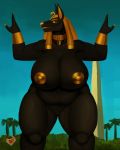  anthro anubian_jackal anubis big_breasts big_nipples breasts canid canine canis deity egyptian_mythology female genitals gold_(metal) gold_jewelry grishnax hi_res huge_breasts jackal jewelry lips mammal middle_eastern_mythology mythology nipples nude overweight overweight_anthro overweight_female pose pussy sculpture smile solo statue thick_bottom_lip thick_thighs 