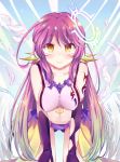  1girl angel_wings blush breasts closed_mouth commentary_request feathered_wings feathers gloves gradient_hair halo jibril_(no_game_no_life) large_breasts leaning_forward long_hair looking_at_viewer low_wings magic_circle midriff multicolored multicolored_eyes multicolored_hair no_game_no_life orange_eyes pink_hair sideboob smile solo tattoo very_long_hair walnut_(mottimoti) white_wings wing_ears wings yellow_eyes 