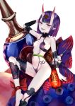  1girl absurdres bangs bare_shoulders bob_cut breasts collarbone eyeliner fangs fate/grand_order fate_(series) gourd headpiece highres horns japanese_clothes kimono lantern legs long_sleeves looking_at_viewer makeup navel off_shoulder oni oni_horns open_clothes open_kimono paper_lantern pointy_ears purple_eyes purple_hair purple_kimono revealing_clothes short_hair shuten_douji_(fate/grand_order) skin-covered_horns small_breasts wide_sleeves yukineko1018 