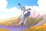  5_fingers 5_toes anthro blue_body blue_fur blue_sky cloud ducky_(artist) eyes_closed fingers forest fur genitals grey_body grey_fur hi_res huge_hands lake macro male mammal mountain nude open_mouth penis sky solo toes tree white_body white_fur yawn 