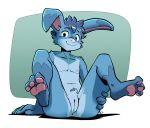  3_toes 5_fingers andromorph anthro blue_body blue_eyes blue_fur blue_hair ducky_(artist) fingers fur genitals hair hi_res intersex lagomorph legs_up leporid looking_at_viewer mammal nude pink_paws presenting presenting_pussy pussy rabbit simple_background sitting smile solo toes 