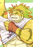  abs anthro blush clothing embarrassed felid feline hair hi_res magan male mammal muscular muscular_anthro muscular_male ponytail small_shirt solo tokyo_afterschool_summoners torn_clothing video_games 