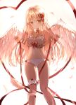  1girl angel angel_wings backlighting bare_arms bare_shoulders blonde_hair bow bra choker commentary feathered_wings frilled_bra frills hair_bow highres leg_garter long_hair looking_at_viewer navel orange_eyes original panties red_choker red_ribbon ribbon seero simple_background solo spaghetti_strap stomach thighs underwear underwear_only white_background white_bra white_panties wings 