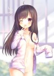  1girl ;o ahoge bangs barefoot blurry blurry_background blush breasts brown_hair collarbone commentary_request depth_of_field eyebrows_visible_through_hair groin long_hair long_sleeves looking_at_viewer naked_shirt navel off_shoulder one_eye_closed open_clothes open_mouth open_shirt original pjrmhm_coa red_eyes shirt sleeves_past_fingers sleeves_past_wrists small_breasts solo standing very_long_hair white_shirt yawning 