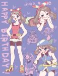  1girl bangs bare_arms bike_shorts blue_bandana blue_eyes blush bow_hairband brown_hair commentary_request eyelashes fanny_pack hairband hands_on_hips happy_birthday heart highres knees medium_hair minapo multiple_views open_mouth pokemon pokemon_adventures red_hairband sapphire_birch shoes short_shorts shorts sleeveless smile teeth white_shorts yellow_footwear 