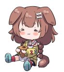  1girl :3 =_= animal_ears blush bone_hair_ornament brown_hair chibi chocolate_cornet dog_ears dog_girl dog_tail food hololive inugami_korone long_hair long_sleeves namaonpa off_shoulder simple_background sitting solo symbol_commentary tail virtual_youtuber white_background 