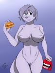 2020 3:4 anthro big_breasts blue_eyes breasts burger casual_nudity female food genitals girlsay_(character) gradient_background hair hi_res mammal marine navel nipples nude pinniped purple_body purple_hair pussy sailoranna seal simple_background solo 
