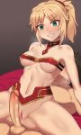  1boy 1girl bangs bare_shoulders bed black_hair blonde_hair blush braid breasts censored collarbone eyebrows_visible_through_hair fate/grand_order fate_(series) fujimaru_ritsuka_(male) green_eyes hair_ornament hair_scrunchie long_hair looking_at_viewer mordred_(fate) mordred_(fate)_(all) navel nipple_slip nipples nt00 penis ponytail pussy red_scrunchie scrunchie simple_background smile steam sweat teeth 