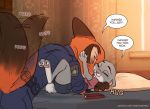  2020 anthro barefoot bed canid canine chakichakiman clothed clothing comic detailed_background dialogue disney duo embrace english_text eyes_closed female fox fully_clothed fur furniture grey_body grey_fur hi_res hug inside judy_hopps lagomorph leporid male mammal motion_blur motion_lines nick_wilde on_bed orange_body orange_fur police_uniform rabbit red_fox sound_effects speech_bubble tailwag text uniform url zootopia 