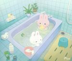  ayu_(mog) bathing bathroom bathtub bucket bunny faucet frog indoors no_humans original rubber_duck shampoo_bottle signature tile_wall tiles towel water 