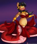  2020 absurd_res anthro apode belly_dancer big_breasts black_hair blue_background blush bra breasts circlet clothed clothing dancing draconcopode ear_piercing ear_ring eyes_closed fan_character female fully_clothed hair happy hasbro hi_res holding_clothing inner_ear_fluff jewelry lamia loincloth my_little_pony necklace nipple_outline novaspark orange_body piercing red_tail reptile sahara_(novaspark) scalie serpentine simple_background smile snake solo split_form tuft underwear veil wrist_cuff 