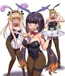  1boy 1girl 1other @_@ animal_ears between_breasts blonde_hair blush bow bowtie breasts brown_hair bunny_ears bunny_tail bunnysuit chevalier_d&#039;eon_(fate/grand_order) cocktail_glass cup detached_collar drinking_glass fate/grand_order fate_(series) fionn_mac_cumhaill_(fate/grand_order) glasses highres moriyama_daisuke osakabe-hime_(fate/grand_order) pantyhose tail tray twintails twitter_username wrist_cuffs 
