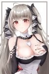  1girl absurdres ahoge azur_lane bare_shoulders black_nails border breasts cleavage detached_collar dress eyebrows_visible_through_hair formidable_(azur_lane) frilled_dress frills grey_border hair_ribbon hand_on_own_chest highres large_breasts long_hair looking_at_viewer red_eyes ribbon silver_hair simple_background smile solo su901 tareme twintails two-tone_dress two-tone_ribbon upper_body white_background 