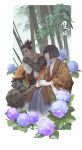  2boys bandages black_hair black_shirt blue_flower blue_hakama border brown_kimono brown_pants closed_eyes closed_mouth coat commentary_request flower grey_scarf hakama hand_up highres hydrangea japanese_clothes kimono kuro_the_divine_heir long_sleeves male_focus multiple_boys orange_coat outside_border own_hands_together pants purple_flower scar scar_across_eye scarf sekiro sekiro:_shadows_die_twice shirt short_hair sitting topknot translation_request tree vetania white_border wide_sleeves 