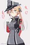 1girl :t ahenn aqua_eyes blonde_hair blush breasts eyebrows_visible_through_hair gloves grey_background hair_between_eyes hat kantai_collection large_breasts long_hair long_sleeves military military_hat military_uniform motion_lines peaked_cap pout prinz_eugen_(kantai_collection) simple_background solo twitter_username uniform upper_body white_gloves 