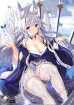  1girl absurdres animal_ears azur_lane bangs bare_shoulders bell black_kimono blue_eyes blush breasts bug butterfly cleavage collarbone commentary_request detached_collar eyebrows_visible_through_hair feet_out_of_frame fox_ears fox_girl fox_tail highres hydrokinesis insect japanese_clothes jingle_bell kimono knee_up large_breasts long_hair long_sleeves looking_at_viewer miniskirt multiple_tails ochinsama off_shoulder parted_lips planted_sword planted_weapon pleated_skirt purple_eyes shinano_(azur_lane) silver_hair sitting skirt smile solo straight_hair sword tail tassel thighhighs very_long_hair water weapon wet wet_clothes white_hair white_legwear white_skirt wide_sleeves zettai_ryouiki 