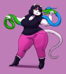  ambiguous_gender anthro anthro_on_feral backwards_baseball_cap baseball_cap belly bestiality big_breasts black_hair black_lipstick boots bottomwear breasts catti_(deltarune) chubby_female cleavage clothed clothed_feral clothing collar curvy_figure deltarune domestic_cat duo ear_piercing ear_ring eye_contact eyeliner eyewear fangs felid feline felis female feral footwear forked_tongue front_view fully_clothed fur furgonomics green_body green_scales hair hat head_grab headgear headwear hi_res high_heeled_boots highlights_(coloring) holding_partner jockington_(deltarune) larger_anthro larger_female lipstick looking_at_another looking_at_partner makeup male male/female male_(lore) mammal open_mouth open_smile outta_sync overweight overweight_female pants piercing pink_highlights purple_background reptile romantic_couple scales scalie shirt shoes short_hair simple_background size_difference slightly_chubby smaller_ambiguous smaller_feral smile snake sunglasses thick_thighs three-quarter_view tight_clothing tight_shirt tight_topwear tongue topwear video_games voluptuous whiskers white_body white_fur wide_hips yellow_eyes yellow_sclera 