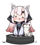  1girl :3 :d =_= animal_ears blush cat cat_ears chibi detached_sleeves gradient_hair hololive horns kemonomimi_mode multicolored_hair nakiri_ayame namaonpa open_mouth red_hair roomba simple_background smile virtual_youtuber white_background white_hair 
