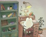  ayu_(mog) book book_stack bookshelf bunny clock daisy desk flower from_behind lamp matryoshka_doll no_humans open_book original plant potted_plant reading signature sitting tree white_flower 