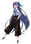  1girl akizora alternate_costume belt blue_eyes bow fate/extra fate/extra_ccc fate_(series) hair_bow hand_in_pocket highres long_hair meltryllis pants purple_hair shirt very_long_hair white_background white_shirt 