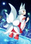 1girl animal_ear_fluff animal_ears city detached_sleeves fox_ears fox_tail highres japanese_clothes miko moon multiple_tails night night_sky nontraditional_miko phantasy_star phantasy_star_online_2 red_eyes red_legwear red_skirt ripples searchlight short_hair skirt sky solo star_(sky) starry_sky tail tamoo-kurichala thighhighs wading water white_hair wide_sleeves 