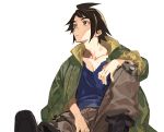  1boy arm_on_knee black_hair blue_eyes collarbone green_jacket gundam gundam_tekketsu_no_orphans jacket looking_up mikazuki_augus pako sitting solo white_background 