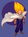 1boy ahoge ankle_boots aqua_eyes baggy_pants blonde_hair boots brown_footwear cape clenched_hands cosplay dragon_ball dragon_ball_z forehead frown full_body highres huge_ahoge male_focus muscle pants piccolo piccolo_(cosplay) pointy_footwear ron_tsfany sash shoulder_pads sleeveless solo son_gohan spiked_hair super_saiyan super_saiyan_2 wristband 