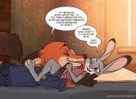  ! 2020 anthro bed buckteeth canid canine chakichakiman cheek_lick clothed clothing comic detailed_background dialogue disney duo english_text eyes_closed female fox fully_clothed furniture hi_res inside judy_hopps lagomorph leporid licking male mammal nick_wilde on_bed one_eye_closed open_mouth open_smile rabbit red_fox smile speech_bubble teeth text tongue tongue_out url zootopia 