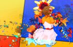  1girl blue_flower brown_hair dress flower frilled_dress frills from_behind hair_flower hair_ornament leaf orange_flower orange_shirt original petals pink_flower plant red_flower shirt short_hair short_sleeves solo umishima_senbon white_dress yellow_flower 