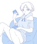  1girl bangs blue_theme box breasts cellphone commentary couch food food_in_mouth headband hikaru_(ofuton_at5) holding holding_phone looking_at_viewer mouth_hold narita_miho parted_bangs phone pocky shirt short_hair sitting smartphone solo watashi_ga_motenai_no_wa_dou_kangaetemo_omaera_ga_warui! 