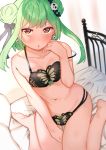  1girl absurdres bed blush breasts cleavage collarbone curtains earrings green_hair hair_bun hair_ornament highres hololive jewelry lingerie looking_at_viewer navel red_eyes small_breasts solo tonari_no_kai_keruberosu underwear uruha_rushia virtual_youtuber 