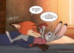  2020 anthro bed canid canine chakichakiman clothed clothing comic detailed_background dialogue disney duo english_text female fox fully_clothed furniture hi_res inside judy_hopps lagomorph leporid male mammal nick_wilde on_bed purple_eyes rabbit red_fox speech_bubble text url zootopia 