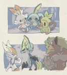  !? black-framed_eyewear blush cinderace closed_mouth commentary_request crying frown gen_8_pokemon glasses grookey holding_hands inteleon looking_back no_humans pokemon_(creature) rillaboom scorbunny sobble starter_pokemon_trio wavy_mouth yurano_(upao) 