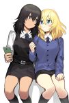 2girls :t andou_(girls_und_panzer) bangs bc_freedom_school_uniform black_legwear black_skirt black_vest blonde_hair blue_eyes blue_neckwear blue_sweater cardigan cellphone closed_mouth commentary_request diagonal_stripes dress dress_shirt frown girls_und_panzer holding holding_phone kneehighs long_sleeves looking_at_another medium_hair messy_hair miniskirt multiple_girls necktie necktie_grab neckwear_grab oshida_(girls_und_panzer) phone pinafore_dress pleated_skirt red_neckwear school_uniform shirt side-by-side simple_background sitting skirt smartphone striped striped_neckwear sweater tan3charge vest white_background white_shirt wing_collar 