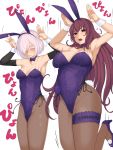  2girls animal_ears bangs blush breasts bunny_ears bunny_pose bunnysuit closed_eyes closed_mouth commentary_request detached_collar detached_sleeves fake_animal_ears fate/grand_order fate_(series) fishnet_legwear fishnets hair_between_eyes hair_over_one_eye hands_up high_heels highleg highleg_leotard highres large_breasts leg_garter leotard light_purple_hair long_hair looking_at_viewer mash_kyrielight multiple_girls open_mouth pantyhose purple_hair purple_leotard red_eyes scathach_(fate)_(all) scathach_(fate/grand_order) shin_(rwkk8733) simple_background thighs white_background wrist_cuffs 