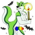  1:1 alpha_channel anthro black_eyebrows black_nose candle candlelight canid canine chiropteran digital_media_(artwork) eyebrows fidget_the_fox fox fur genitals green_body green_eyes green_fox green_fur hair halloween holidays kwik_(artist) male mammal multicolored_penis penis rainbow_penis scared shaking simple_background solo sticker telegram telegram_stickers white_body white_fur 