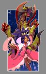  1girl artist_name brown_eyes commentary dark_skin dress gen_5_pokemon hair_rings haxorus highres iris_(pokemon) leg_up long_hair long_sleeves open_mouth outstretched_arms pink_dress pokemon pokemon_(creature) pokemon_(game) pokemon_bw2 purple_hair sanikink spread_fingers teeth tongue 