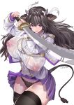  1girl absurdres animal_ears artist_request azur_lane black_panties breasts brown_legwear capelet cow_ears cow_girl cow_horns cow_tail hair_between_eyes highres holding holding_sword holding_weapon horns huge_breasts inverted_nipples kashino_(azur_lane) long_hair looking_at_viewer no_bra panties purple_eyes purple_skirt shirt simple_background skindentation skirt solo sword tail thighhighs underwear weapon wet wet_clothes wet_shirt white_background white_capelet white_shirt wind wind_lift 