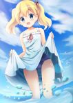  1girl :d alice_cartelet bangs bird blonde_hair blue_eyes blue_sky blue_swimsuit blush cloud commentary_request dated day dot_nose dress dress_lift eyebrows_visible_through_hair hair_ornament hair_stick highres inakami kin-iro_mosaic lifted_by_self long_hair looking_at_viewer ocean one-piece_swimsuit open_mouth red_ribbon ribbon school_swimsuit signature sky smile solo swimsuit swimsuit_under_clothes twintails wading 