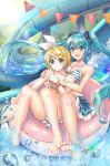  2girls aqua_eyes aqua_hair bangs bikini blonde_hair blurry blurry_background bow commentary day english_commentary full_body hair_bow hair_ornament hairclip hand_on_another&#039;s_chest hand_on_another&#039;s_shoulder hatsune_miku highres holding_another innertube kagamine_rin long_hair multiple_girls open_mouth orendi_laran outdoors polka_dot polka_dot_bikini short_hair smile splashing string_of_flags striped striped_bikini summer swept_bangs swimsuit twintails very_long_hair vocaloid water water_drop water_slide white_bow 