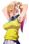  1girl adjusting_hair armpit_hair armpits blonde_hair blush breasts covered_nipples gradient_hair hair_ribbon hair_tie_in_mouth highres ishii_takamori kawakami_mai large_breasts long_hair looking_at_viewer mole mole_under_eye mouth_hold multicolored_hair musaigen_no_phantom_world pink_hair purple_eyes ribbon side_ponytail sketch smell solo sweat tying_hair 