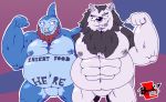  2020 anthro barazoku biped blue_body canid canine canis duo el_booki fish hi_res male male/male mammal marine musclegut muscular muscular_male nipples pecs shark wolf 